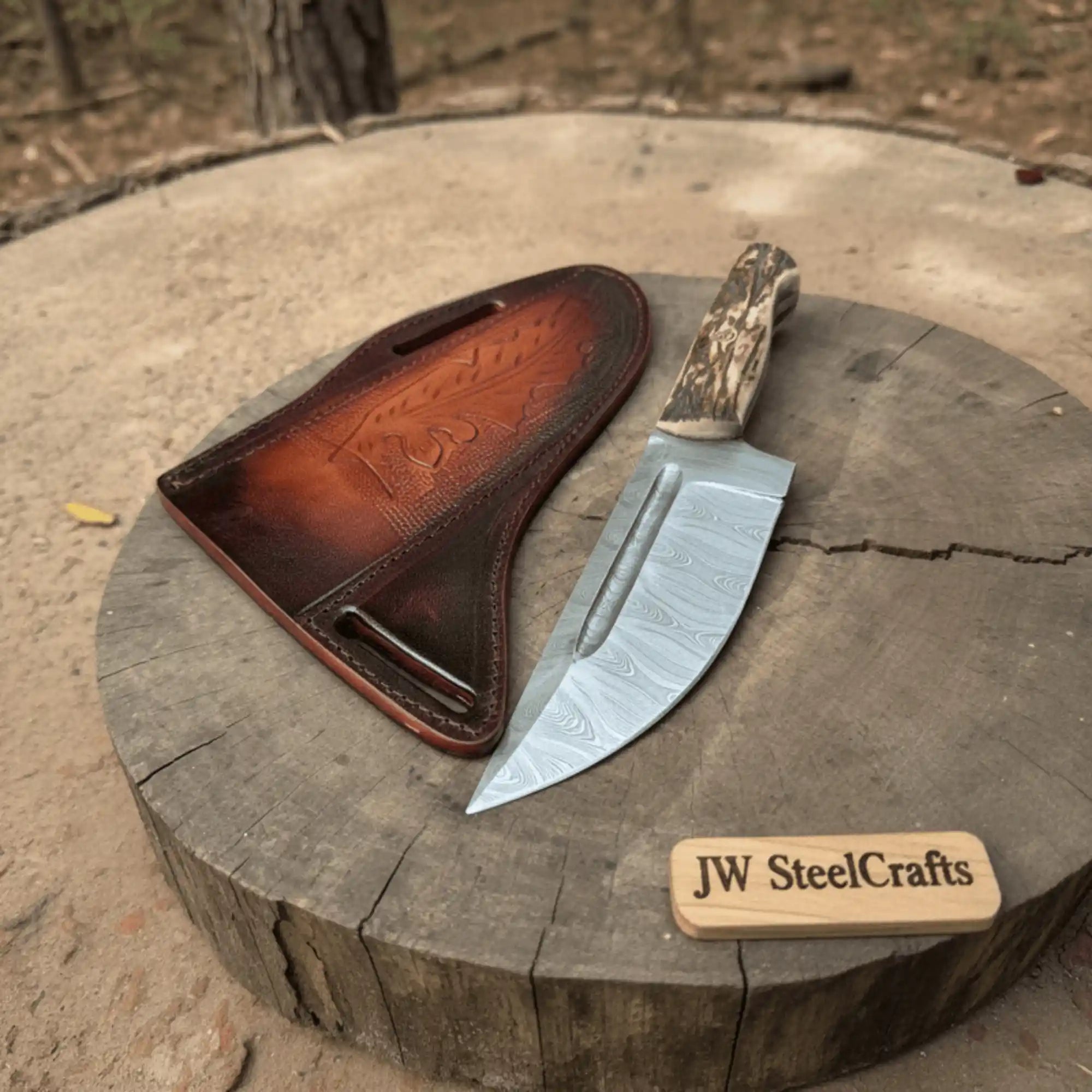 Stag Handle Hunting Knife – Stainless Steel or Damascus Blade | Leather Sheath | JW SteelCrafts