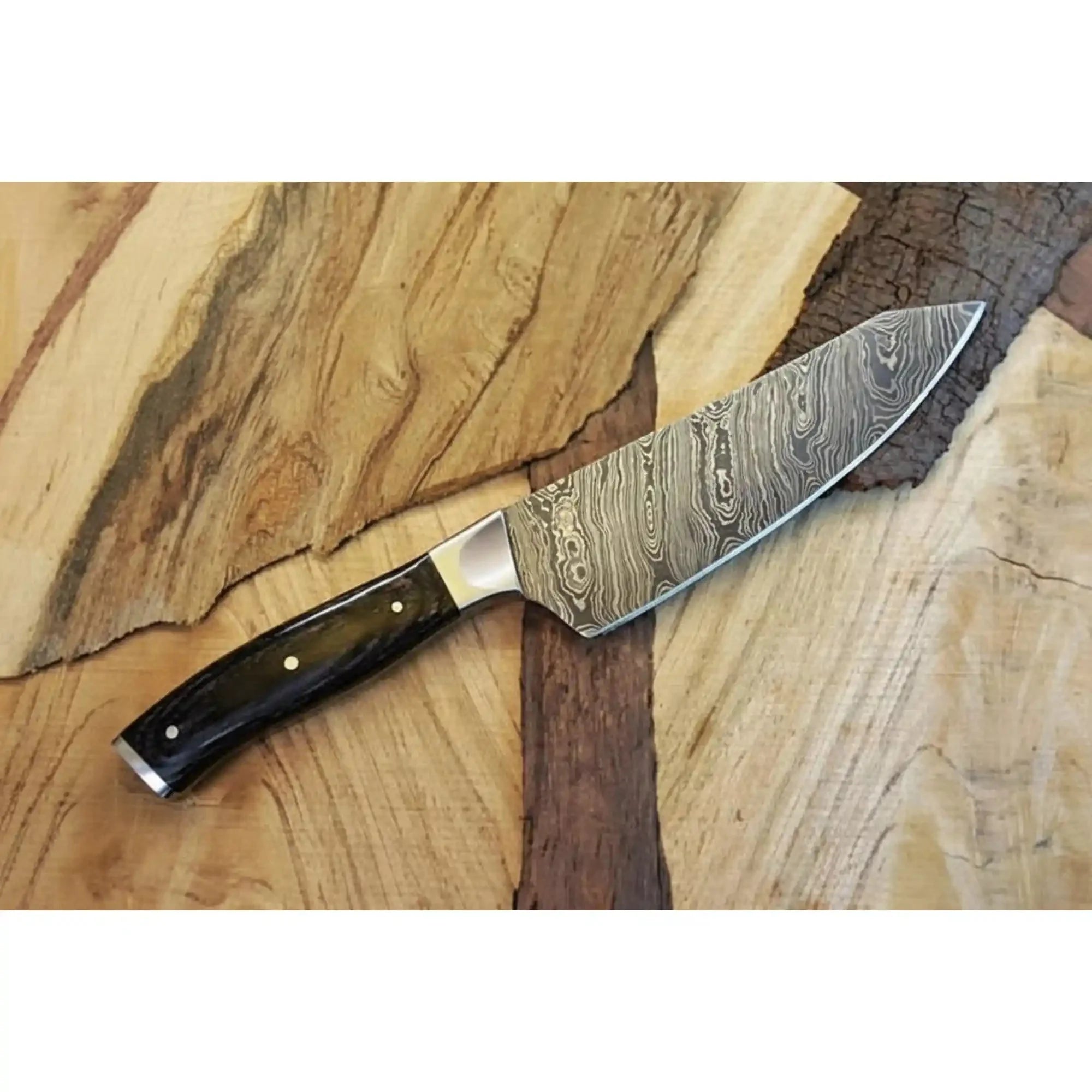 12″ Twisted Pattern Damascus Chef Knife — Steel Bolster & Polished Pommel