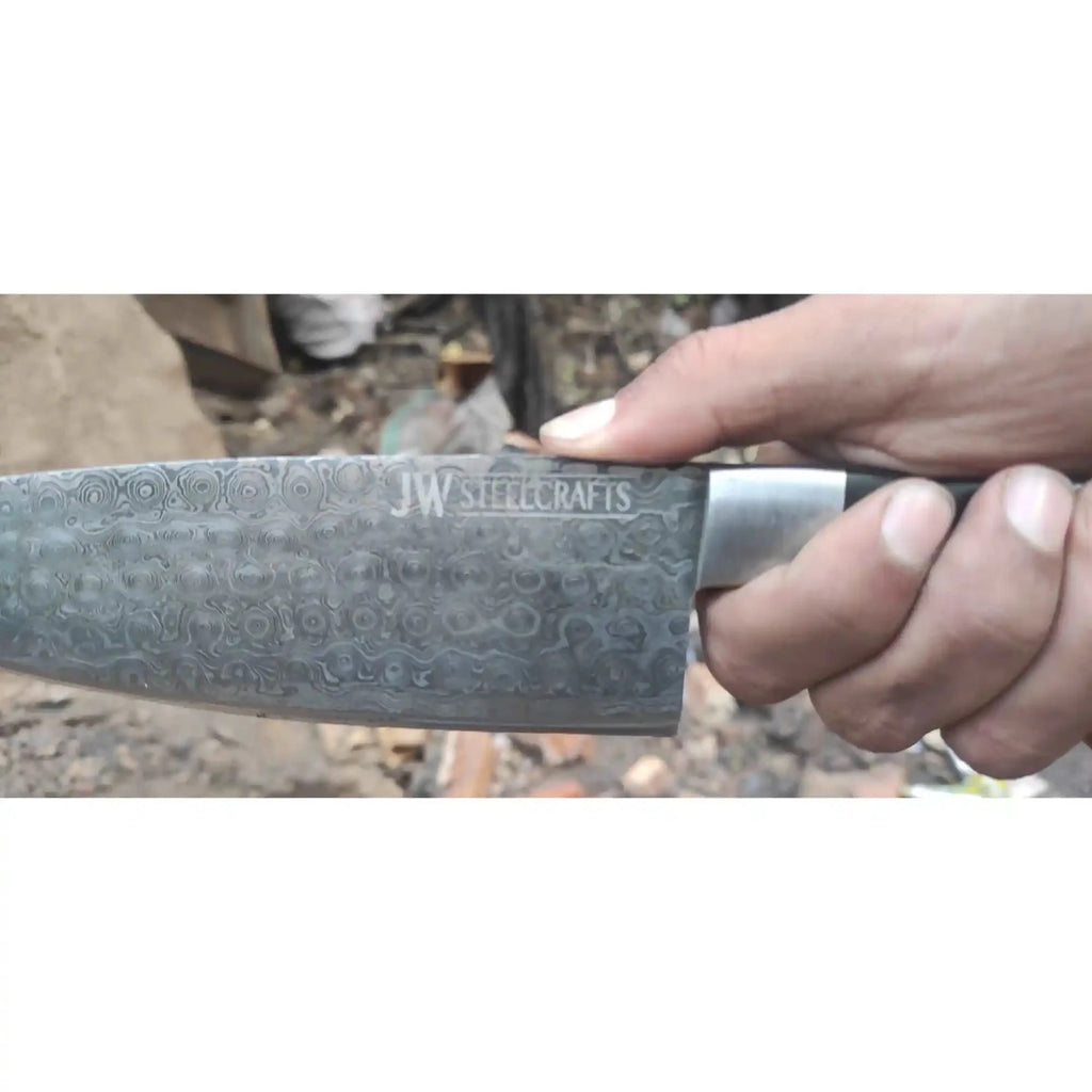2-Piece Hand-Forged Chef Knife Pair — Pattern-Welded Damascus with Black Micarta Handles (Professional Set)