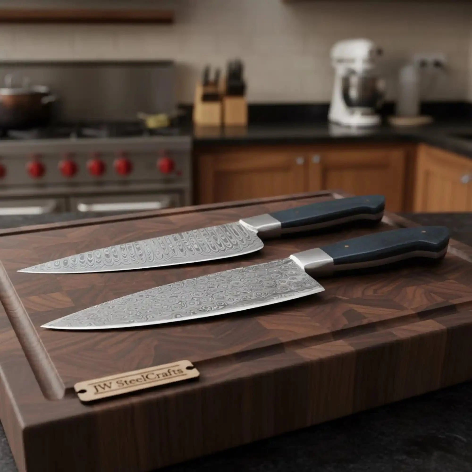 2-Piece Hand-Forged Chef Knife Pair — Pattern-Welded Damascus with Black Micarta Handles (Professional Set)