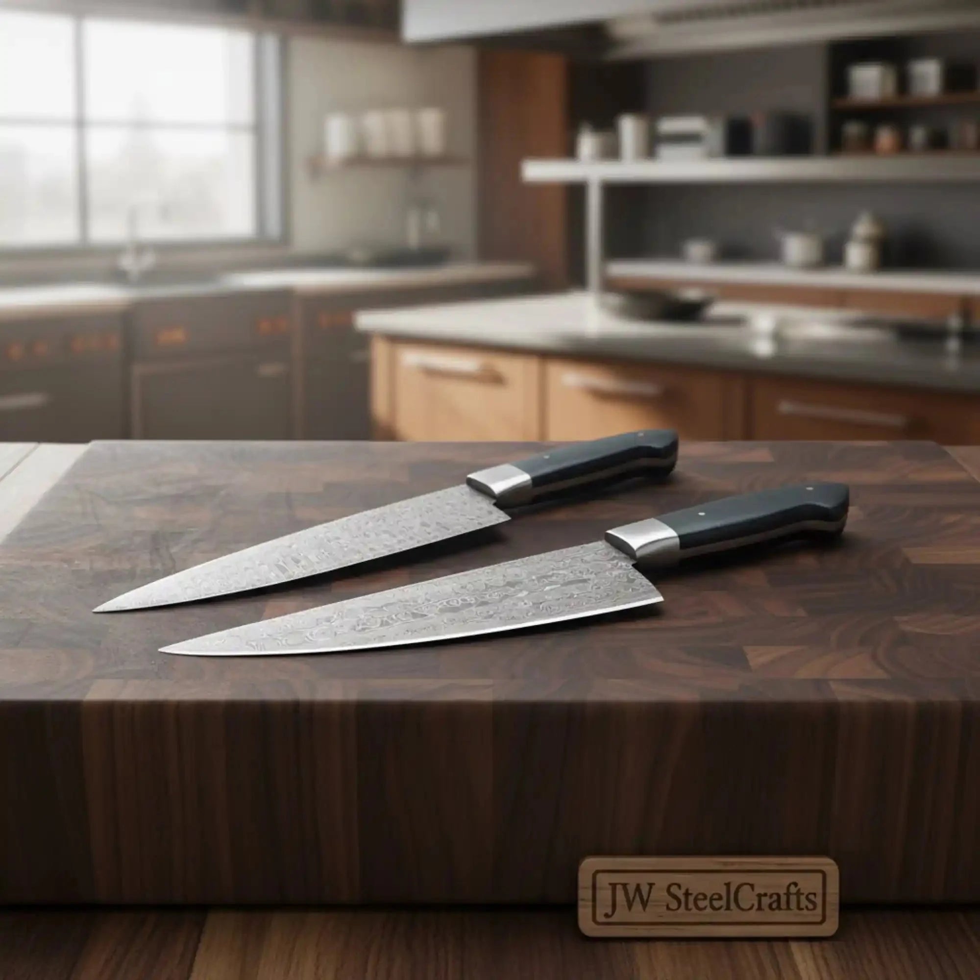 2-Piece Hand-Forged Chef Knife Pair — Pattern-Welded Damascus with Black Micarta Handles (Professional Set)