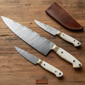 3-Piece Chinese Knife Set - White Resin Handles, Full Tang Damascus, Brass Bolsters