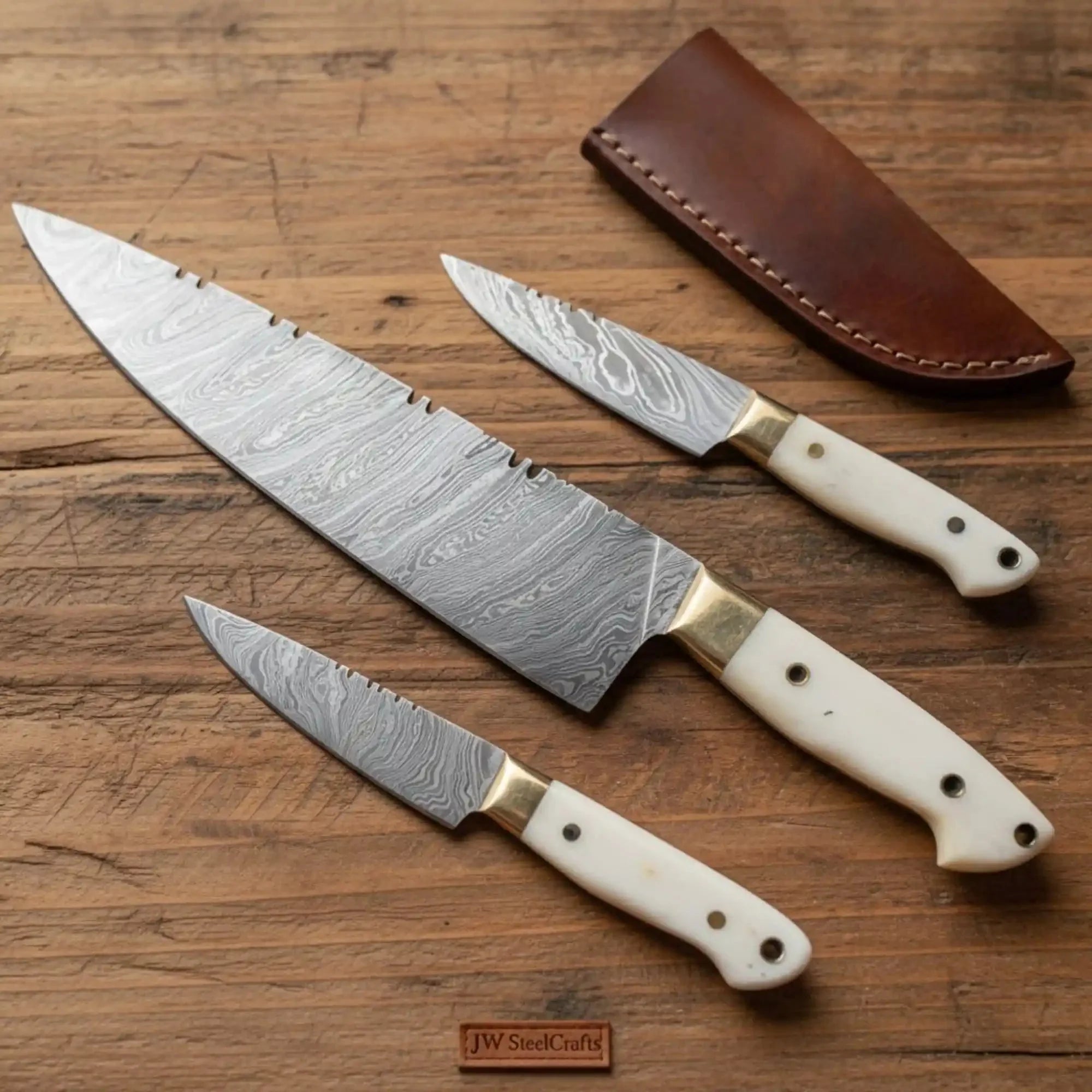 3-Piece Chinese Knife Set - White Resin Handles, Full Tang Damascus, Brass Bolsters