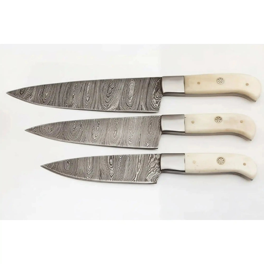 Handmade Damascus 3-Piece Kitchen Knife Set with Bone Handles, Slicing Carving and Chef Knives