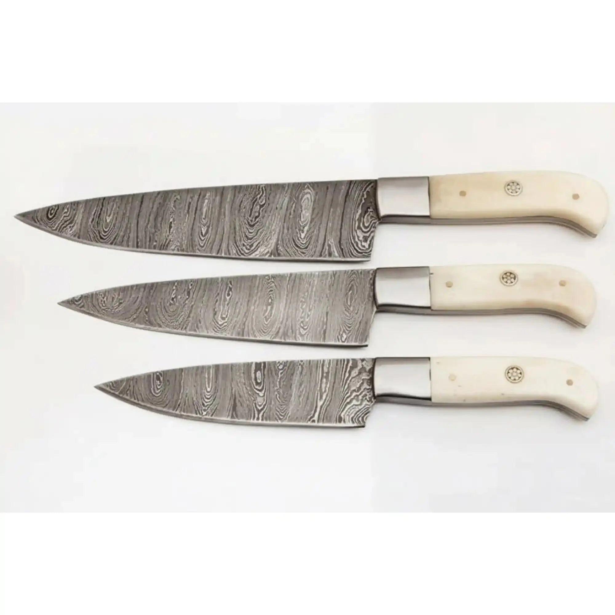 Handmade Damascus 3-Piece Kitchen Knife Set with Bone Handles, Slicing Carving and Chef Knives