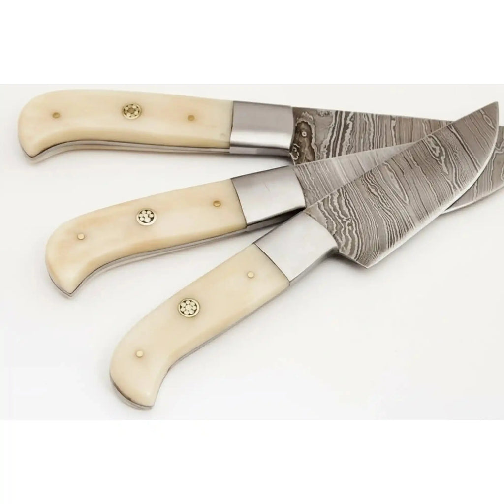 Handmade Damascus 3-Piece Kitchen Knife Set with Bone Handles, Slicing Carving and Chef Knives