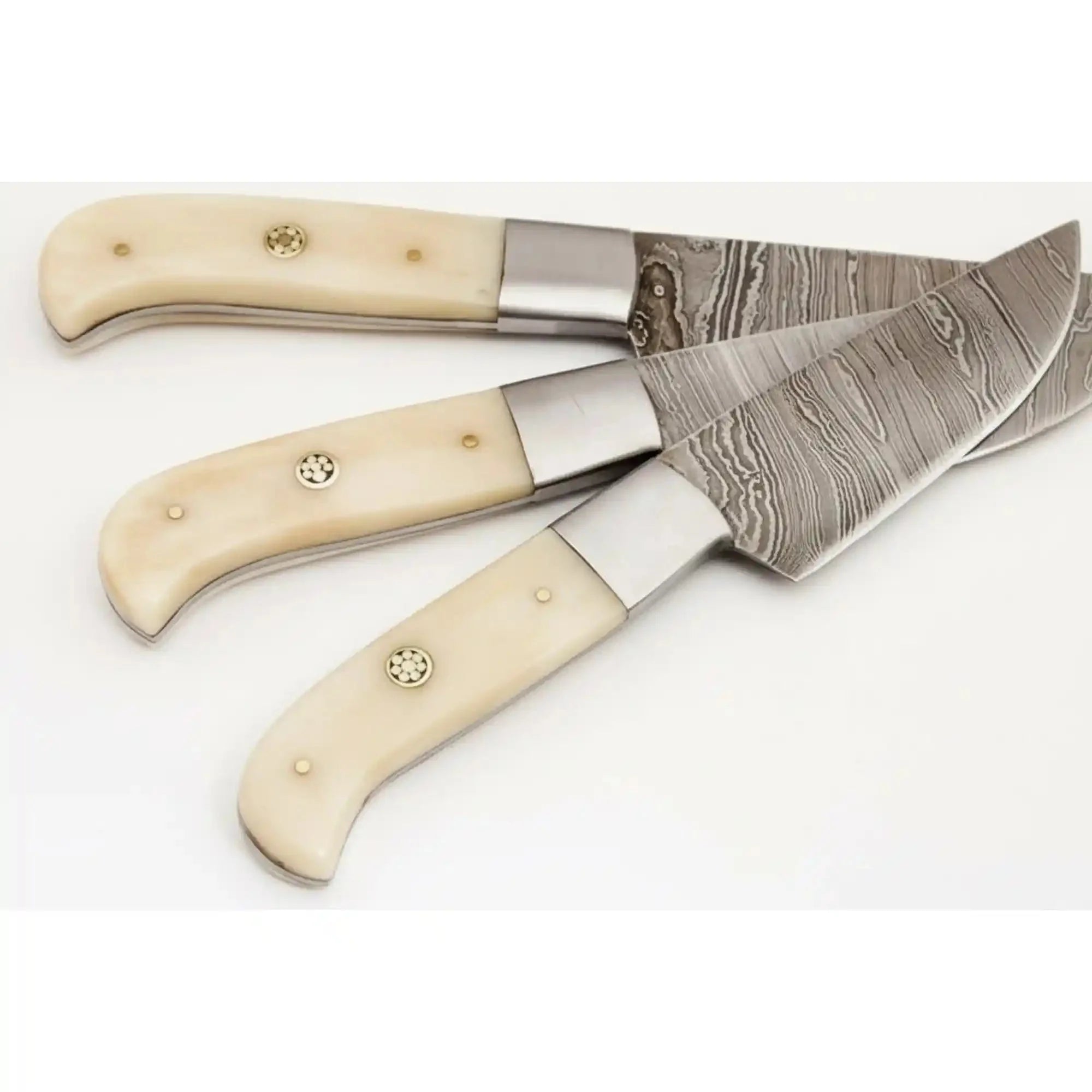 Handmade Damascus 3-Piece Kitchen Knife Set with Bone Handles, Slicing Carving and Chef Knives