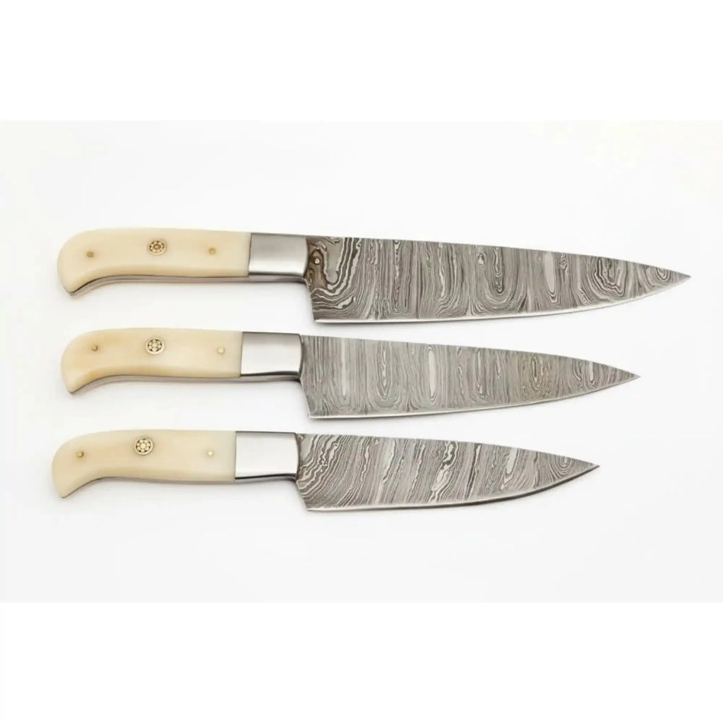 Handmade Damascus 3-Piece Kitchen Knife Set with Bone Handles, Slicing Carving and Chef Knives