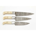 Handmade Damascus 3-Piece Kitchen Knife Set with Bone Handles, Slicing Carving and Chef Knives