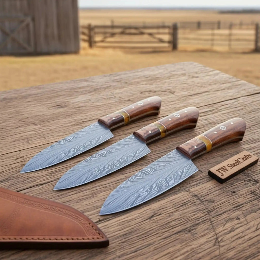 3 Piece Feather Pattern Damascus Knife Set, Handmade Chef, Santoku and Utility Knives with Pakka Wood Handles, Professional Kitchen Cutlery Set JW SteelCrafts