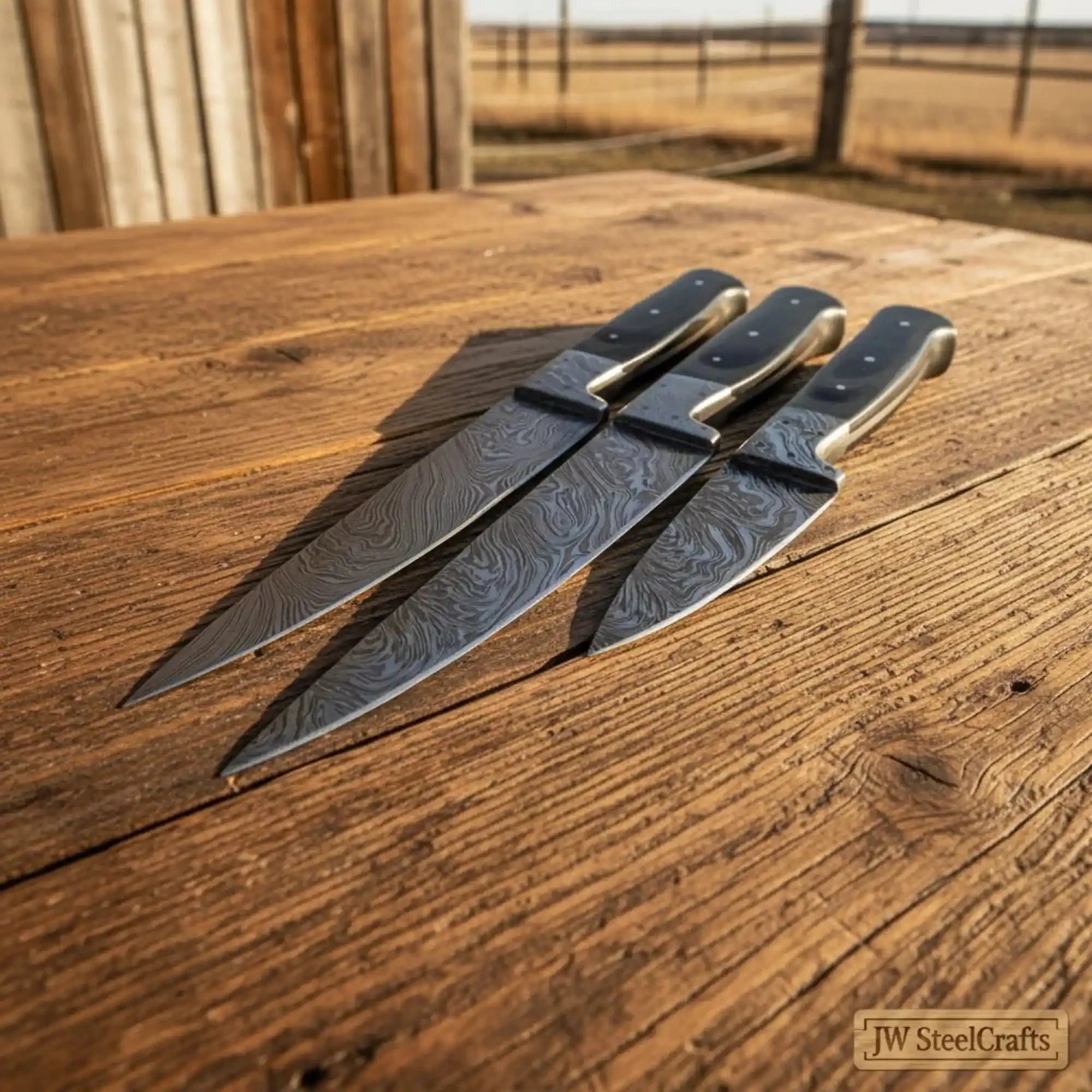 3 pcs Handmade Damascus Chef Knife Set, Professional Grade Black Micarta Handle Knives