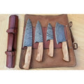 4 Piece Damascus Kitchen Knife Set with Olive Wood Handles and Leather Roll, Chef Santoku Utility and Cleaver Handmade Cooking Knives