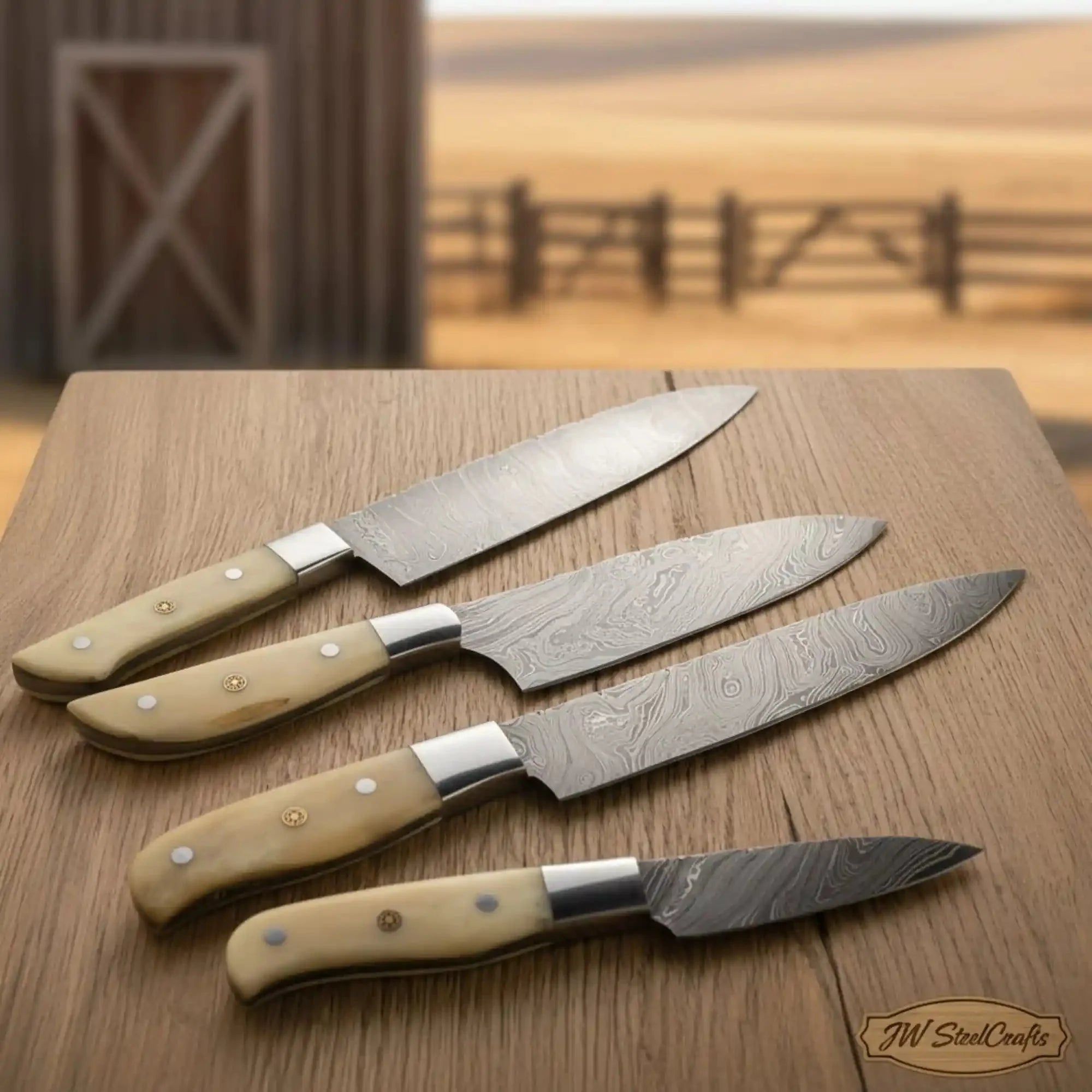 4-Piece Full Tang Damascus Bunka, Gyuto, Utility and Paring Knife Set with Bone Handles and Steel