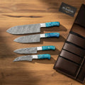 Damascus Chef Knife Set - 4-Piece Blue Resin Handles - 8” Gyuto, 6” Utility, 5” Petty & 4” Paring