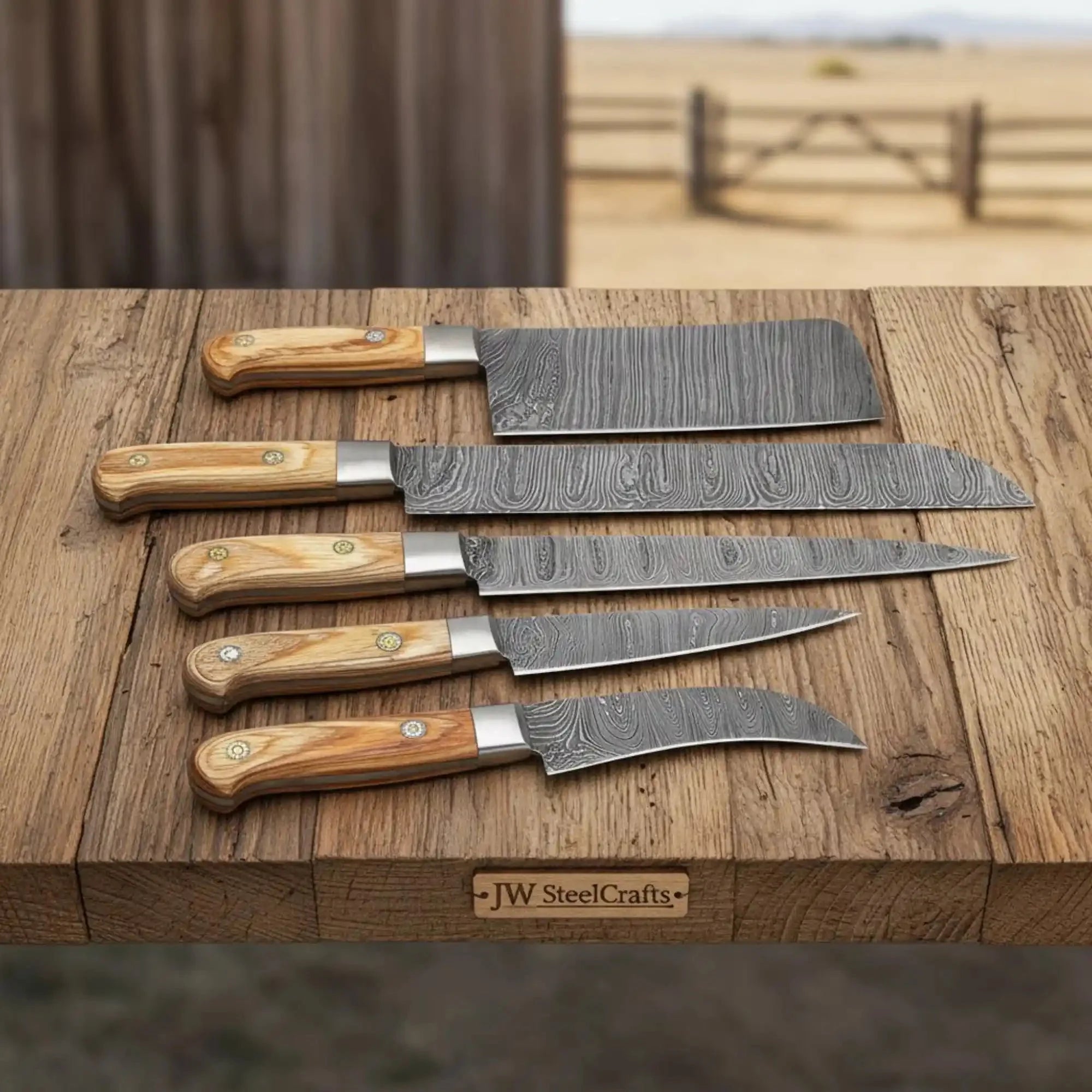 5-Piece Full-Tang Damascus Set with Chinese Cleaver and Long Slicer