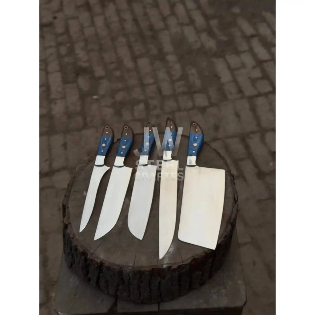 5-Pc Handmade Chef Knives — Blue Pakka Wood Handles, Stainless Blades (Cleaver + Prep Set)