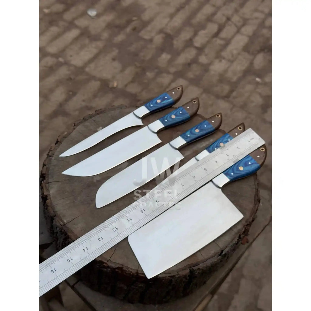 5-Pc Handmade Chef Knives — Blue Pakka Wood Handles, Stainless Blades (Cleaver + Prep Set)