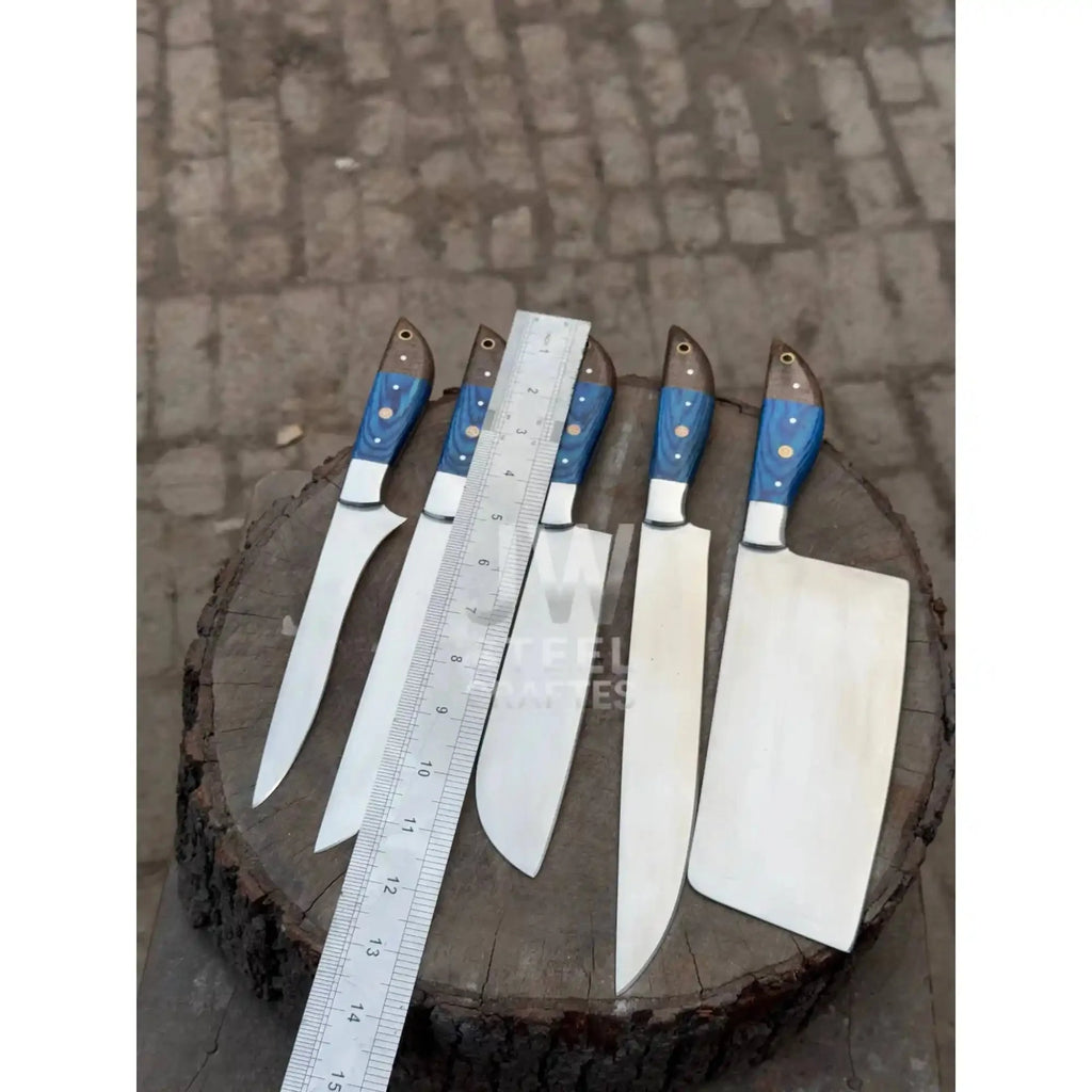 5-Pc Handmade Chef Knives — Blue Pakka Wood Handles, Stainless Blades (Cleaver + Prep Set)