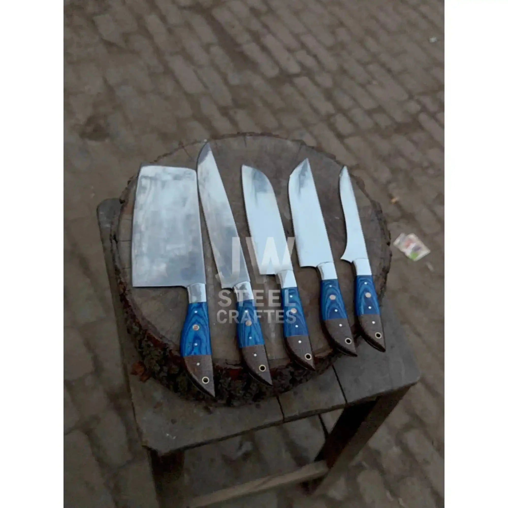 5-Pc Handmade Chef Knives — Blue Pakka Wood Handles, Stainless Blades (Cleaver + Prep Set)