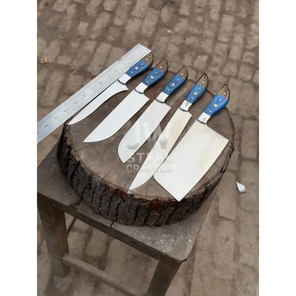 5-Pc Handmade Chef Knives — Blue Pakka Wood Handles, Stainless Blades (Cleaver + Prep Set)