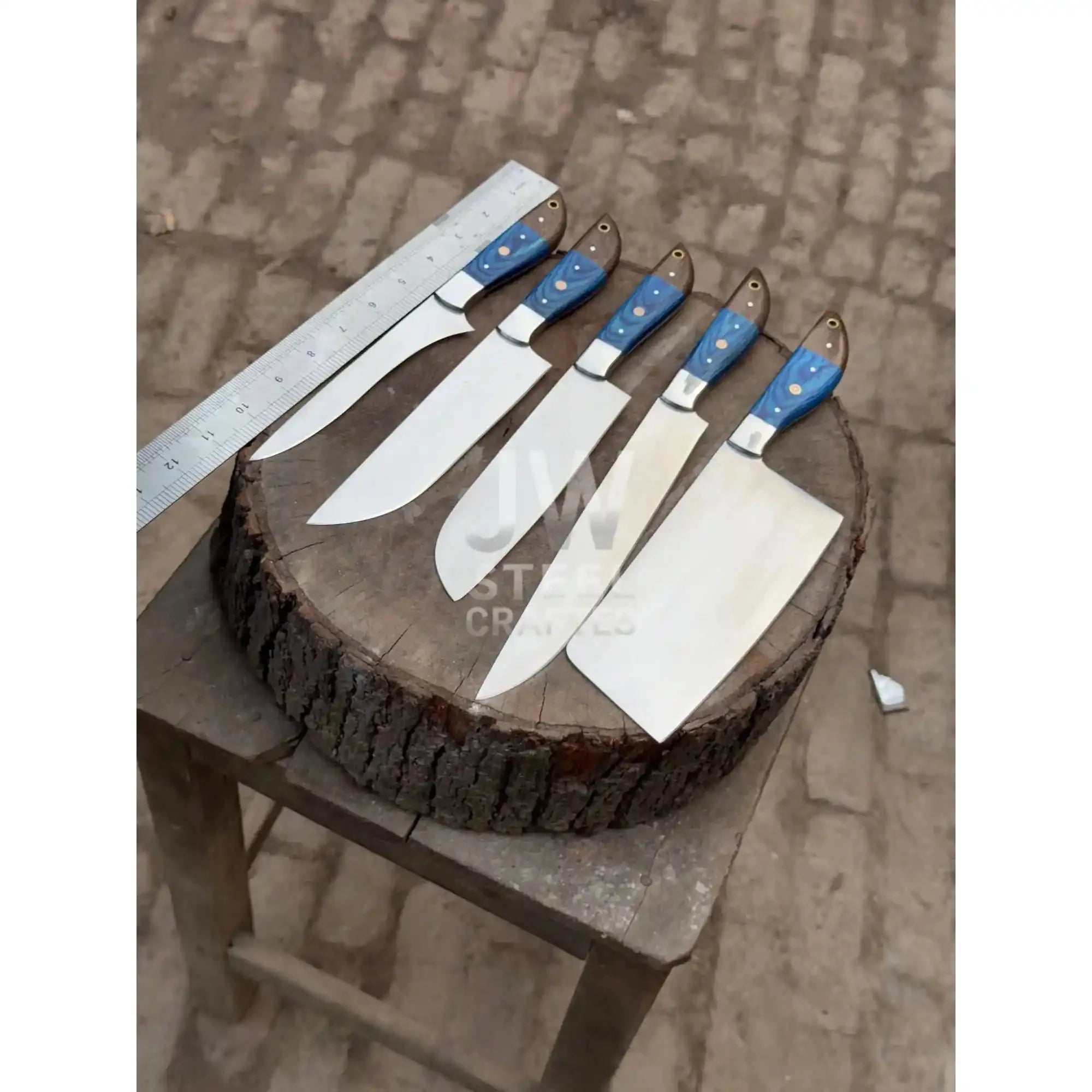 5-Pc Handmade Chef Knives — Blue Pakka Wood Handles, Stainless Blades (Cleaver + Prep Set)