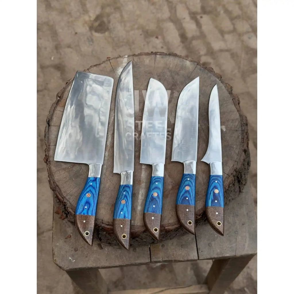 5-Pc Handmade Chef Knives — Blue Pakka Wood Handles, Stainless Blades (Cleaver + Prep Set)