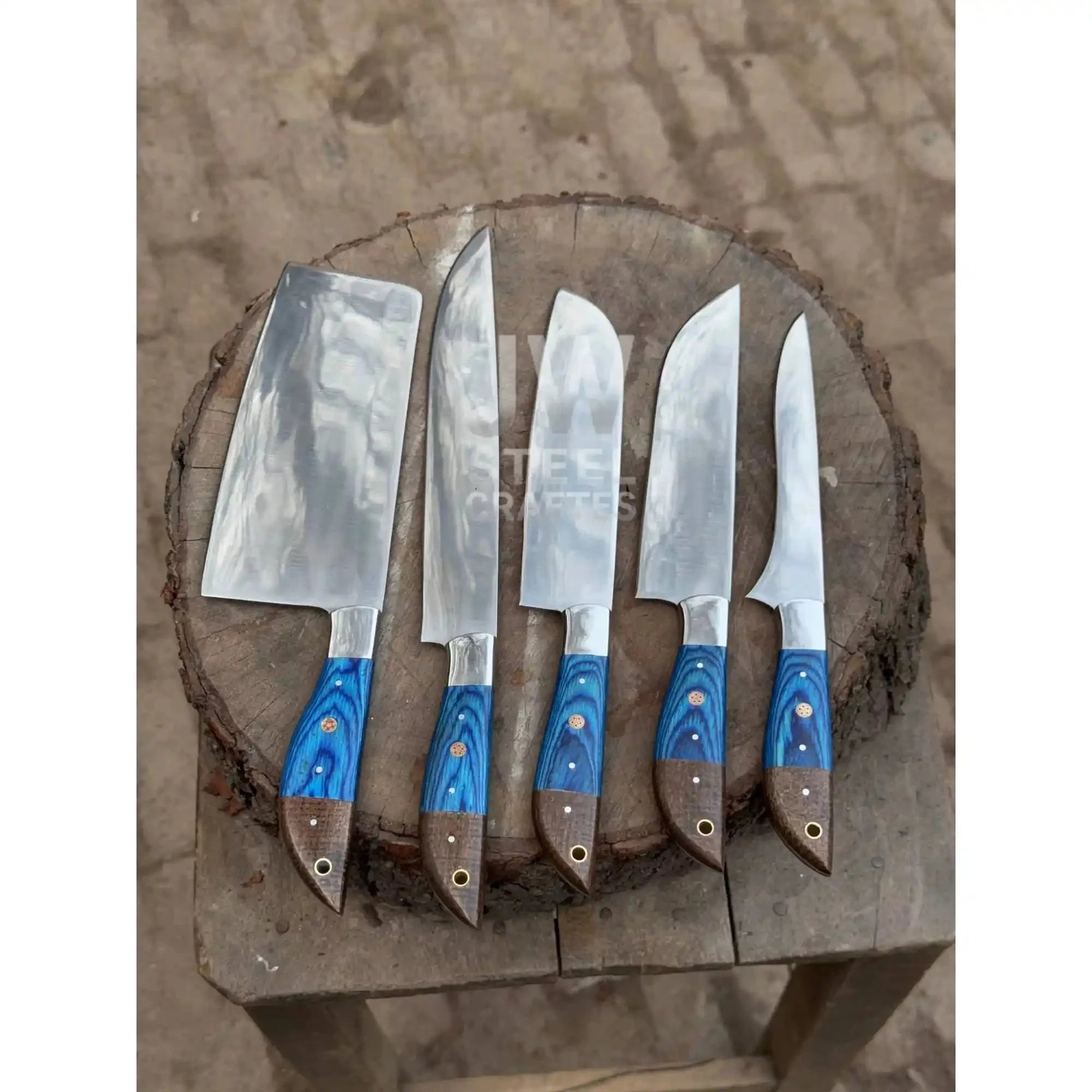 5-Pc Handmade Chef Knives — Blue Pakka Wood Handles, Stainless Blades (Cleaver + Prep Set)