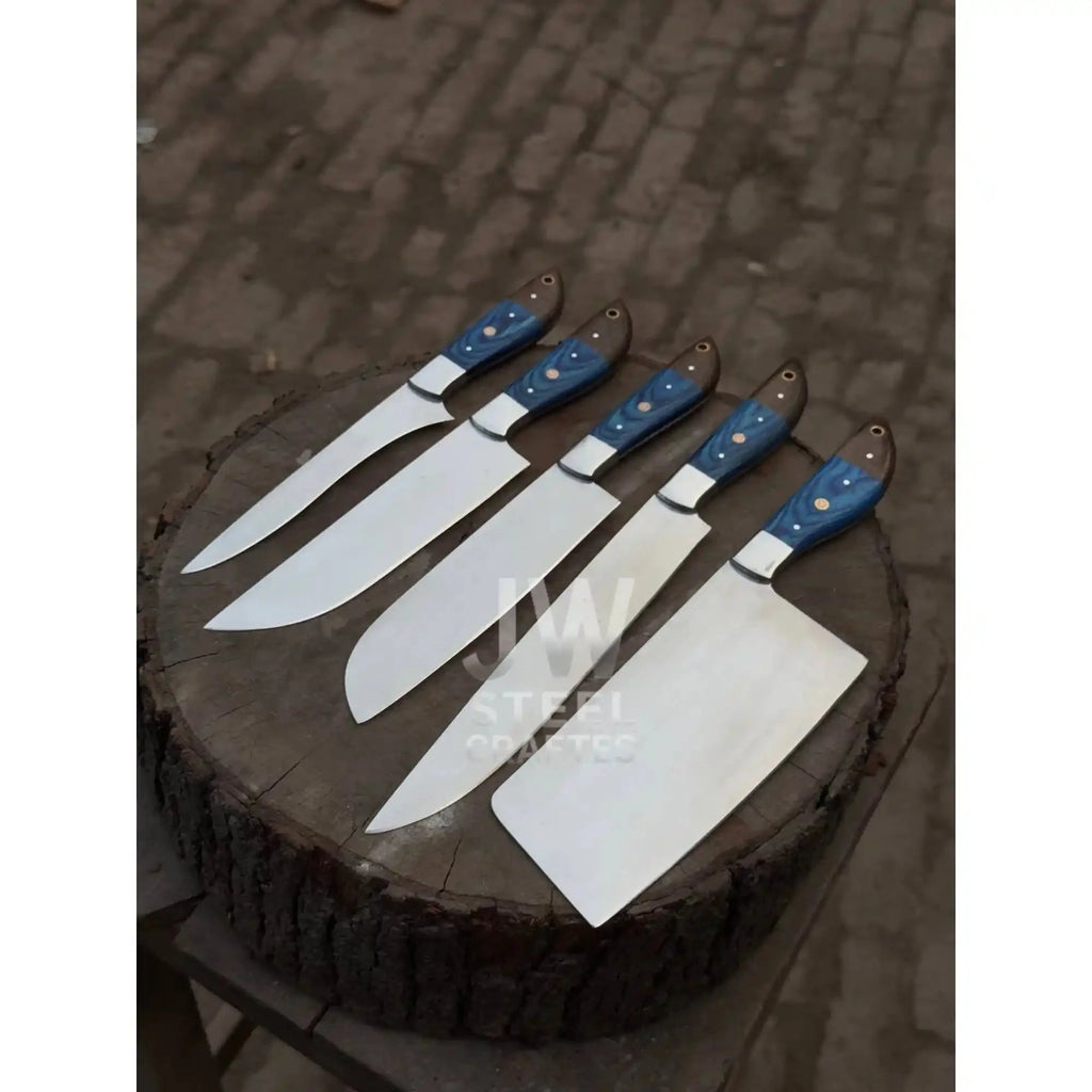 5-Pc Handmade Chef Knives — Blue Pakka Wood Handles, Stainless Blades (Cleaver + Prep Set)
