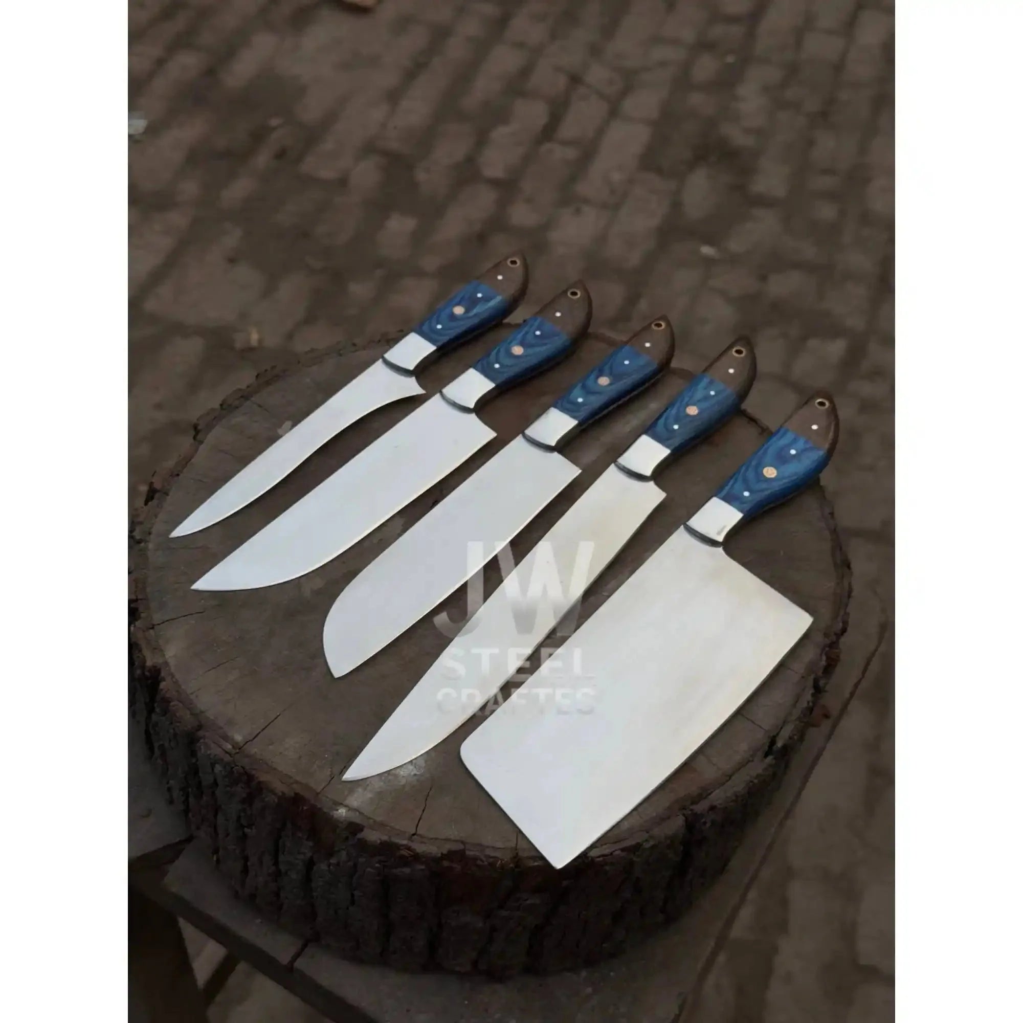5-Pc Handmade Chef Knives — Blue Pakka Wood Handles, Stainless Blades (Cleaver + Prep Set)