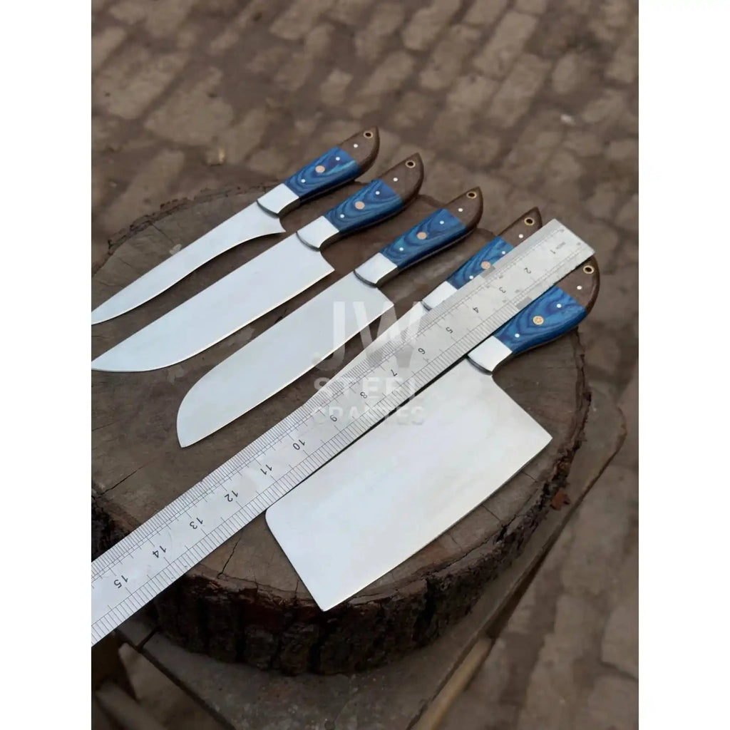 5-Pc Handmade Chef Knives — Blue Pakka Wood Handles, Stainless Blades (Cleaver + Prep Set)