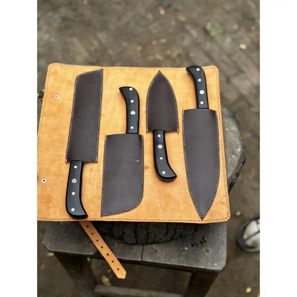 5-Piece Stainless Steel Chef Knife Set with Leather Roll | Ebony Wood Handle Knives