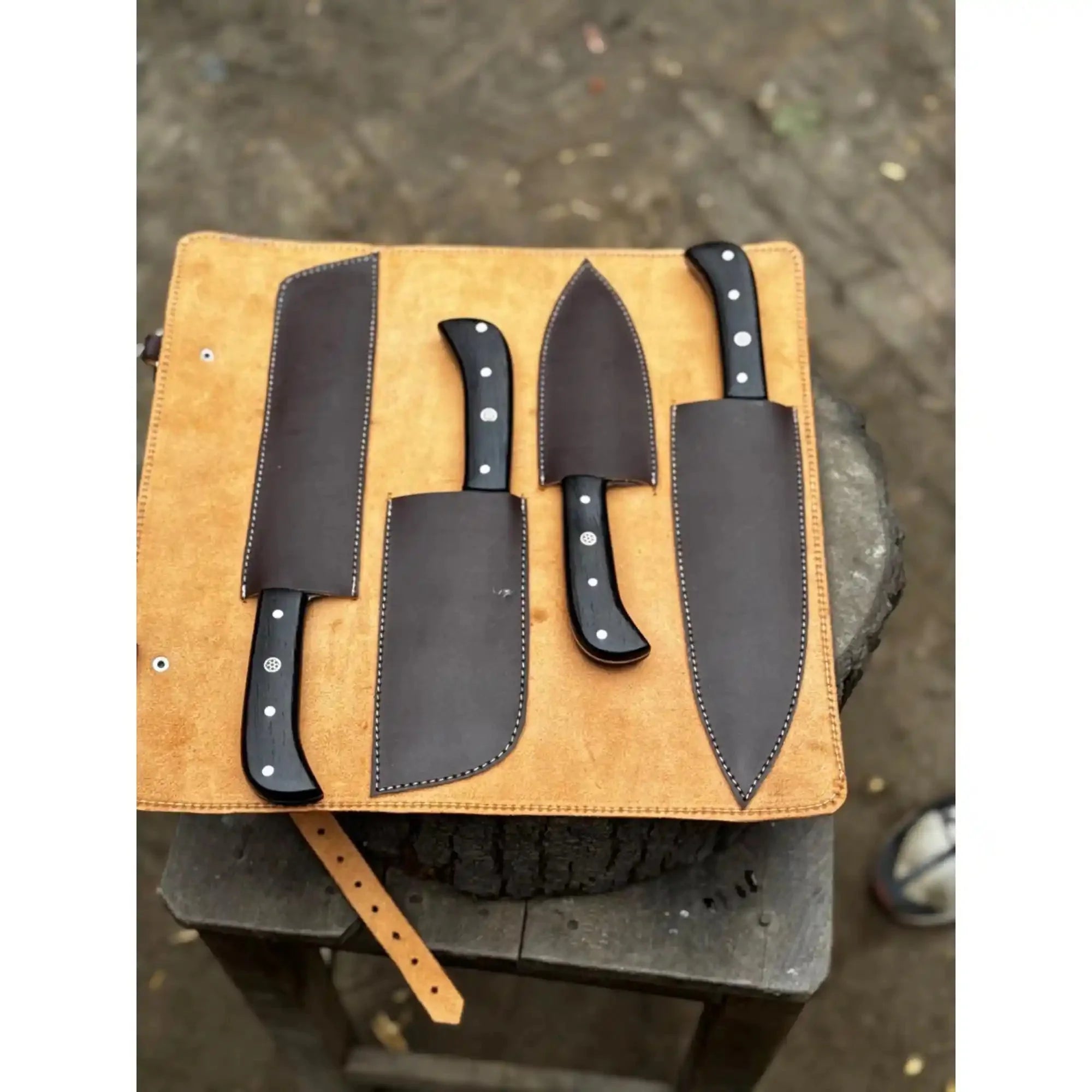 5-Piece Stainless Steel Chef Knife Set with Leather Roll | Ebony Wood Handle Knives