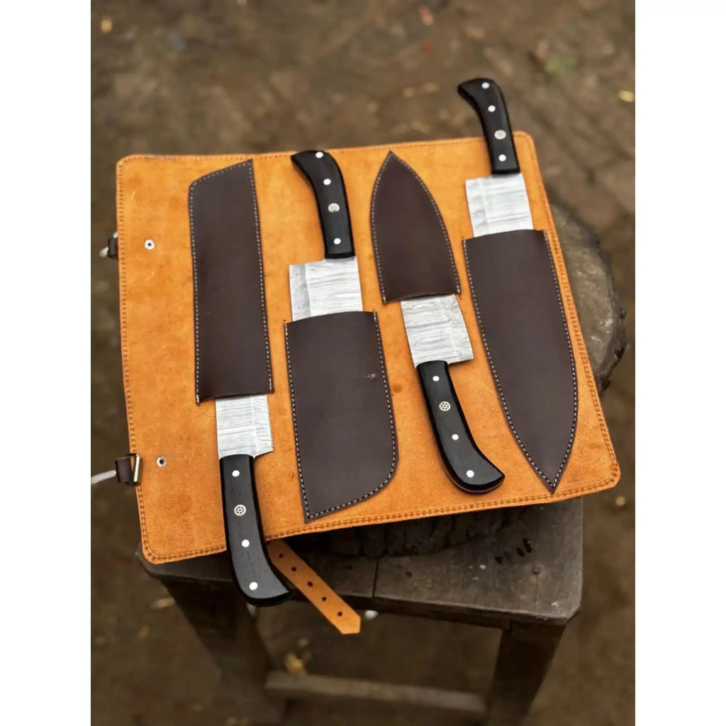 5-Piece Stainless Steel Chef Knife Set with Leather Roll | Ebony Wood Handle Knives