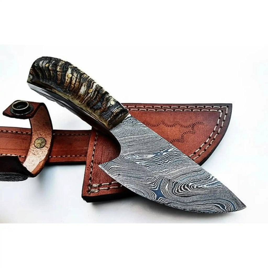6 Inch Damascus Steel Skinner Knife with Ram Horn Handle and Leather Sheath