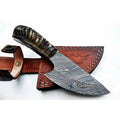 6 Inch Damascus Steel Skinner Knife with Ram Horn Handle and Leather Sheath