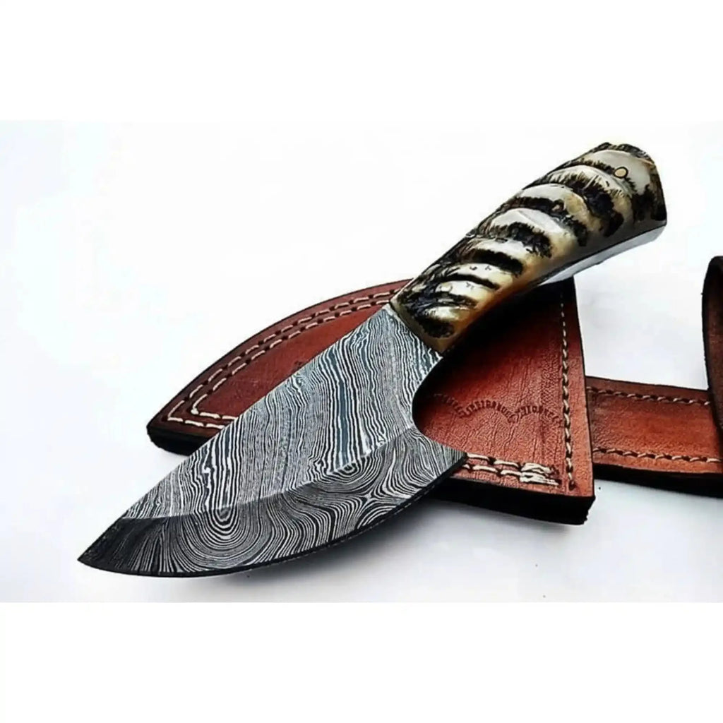 6 Inch Damascus Steel Skinner Knife with Ram Horn Handle and Leather Sheath