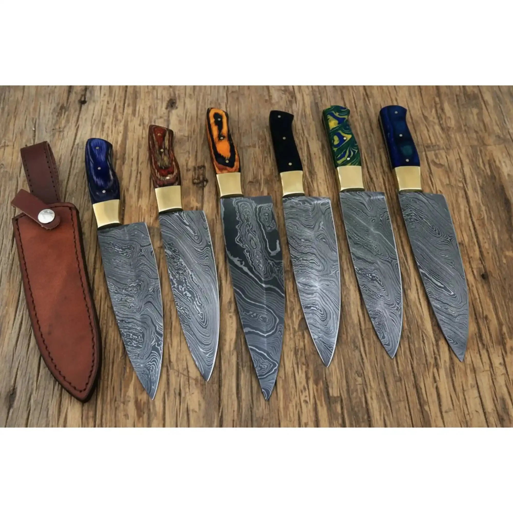 6 Piece Damascus Chef Knife Set, Hand Forged Kitchen Knives with Brass Bolsters, Full Tang Blades, Leather Sheaths Included