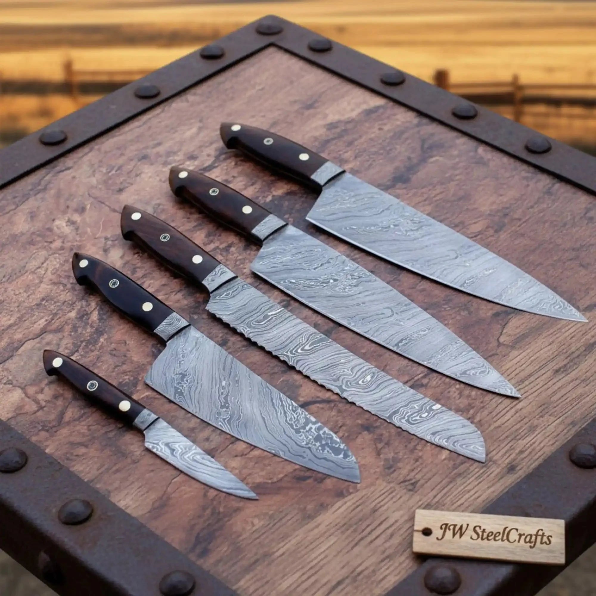 6 piece Handmade Damascus Kitchen Knife Set, Gyuto and Petty Collection with Micarta Handles