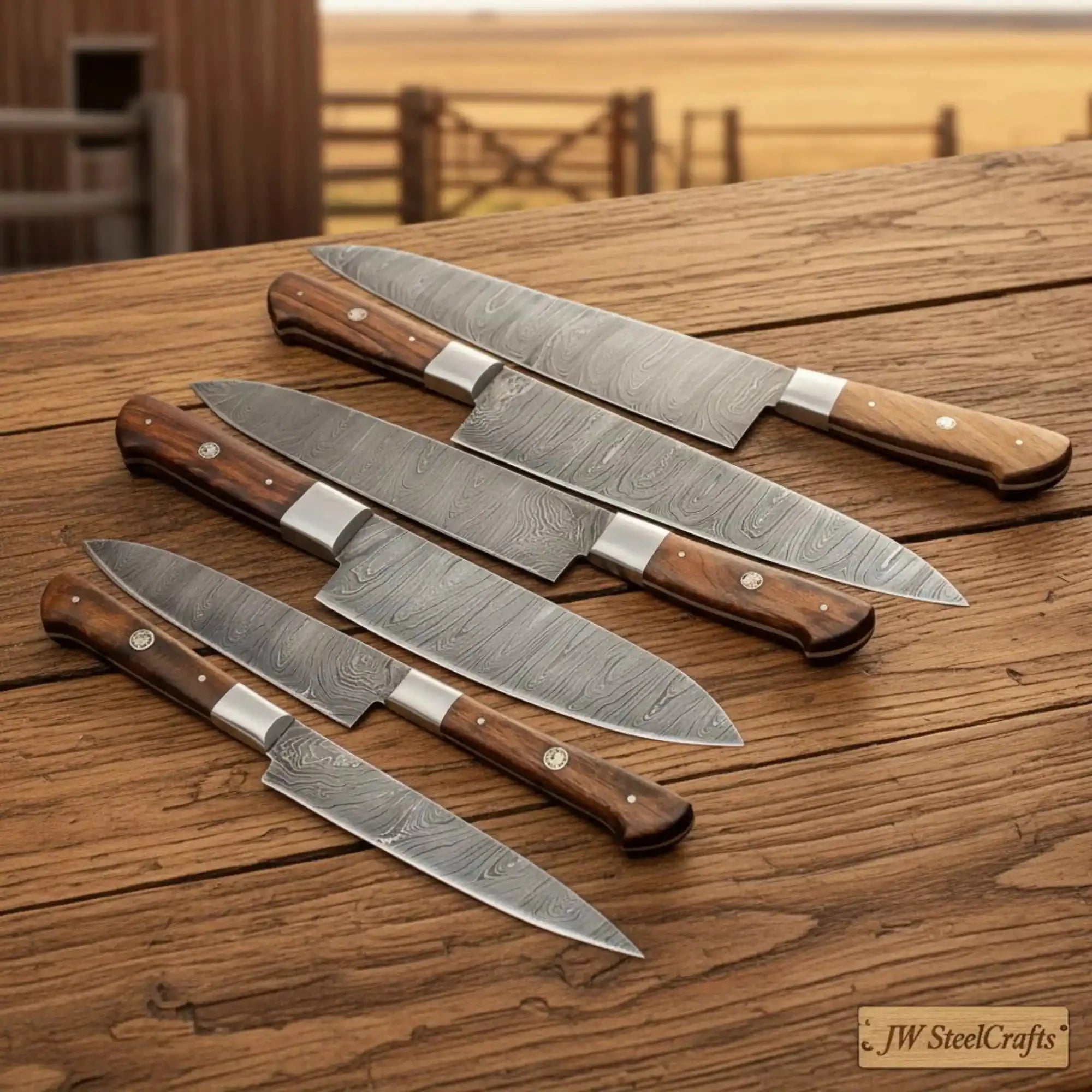 Damascus Kitchen Knife Set, 6 Piece, Handmade Steel Blades, Rose Wood Handles, JW SteelCrafts