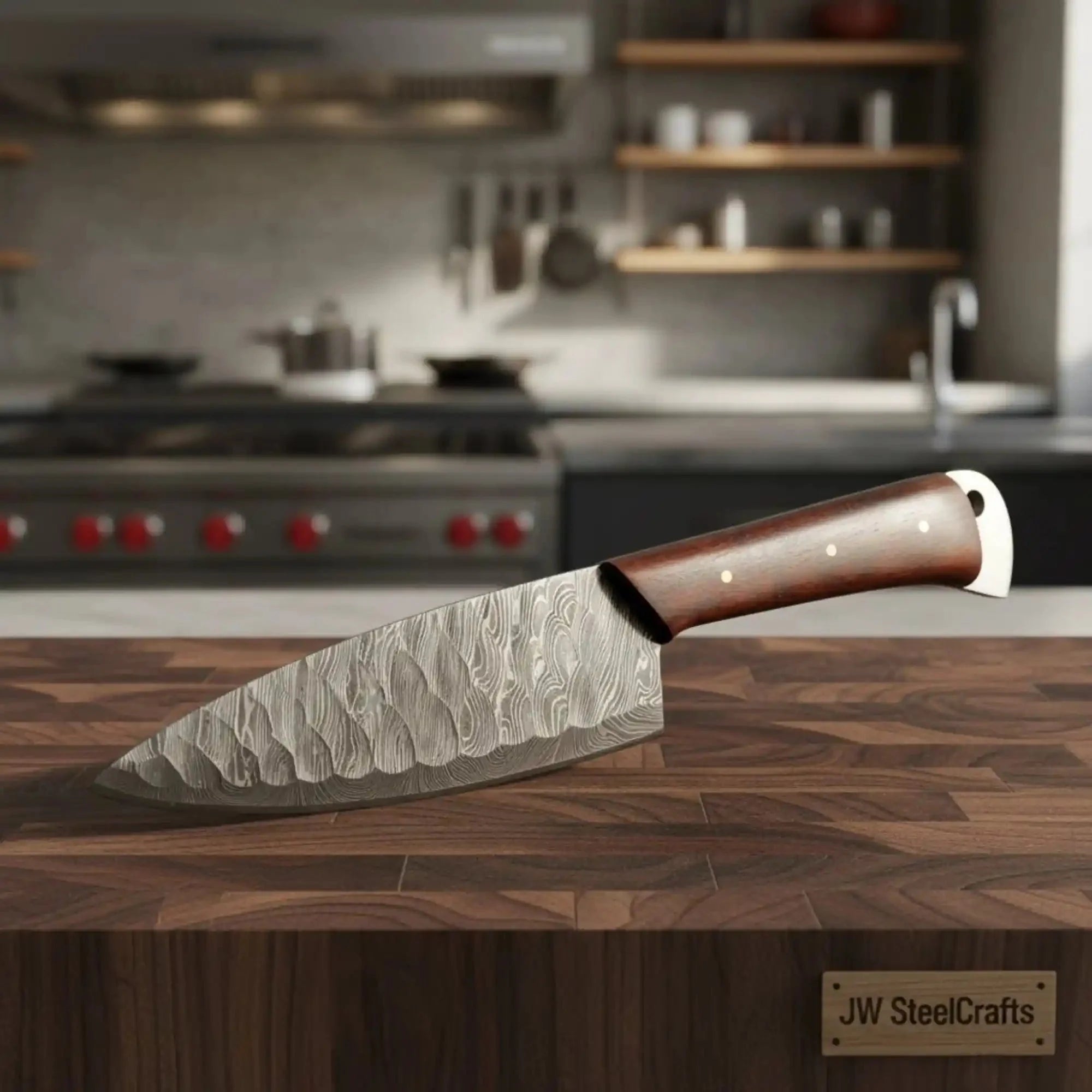 7-Inch Chef Knife — Hammered Pattern Damascus Blade with Rosewood Handle (12-Inch Overall, Hand-Forged)