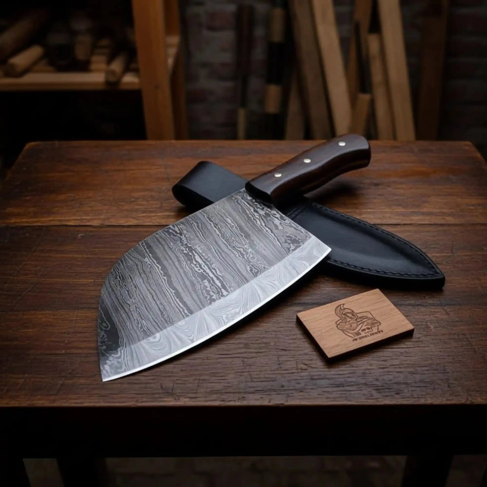 Hand-Forged 7-Inch Damascus Cleaver Knife with Rosewood Handle (12-Inch Overall)