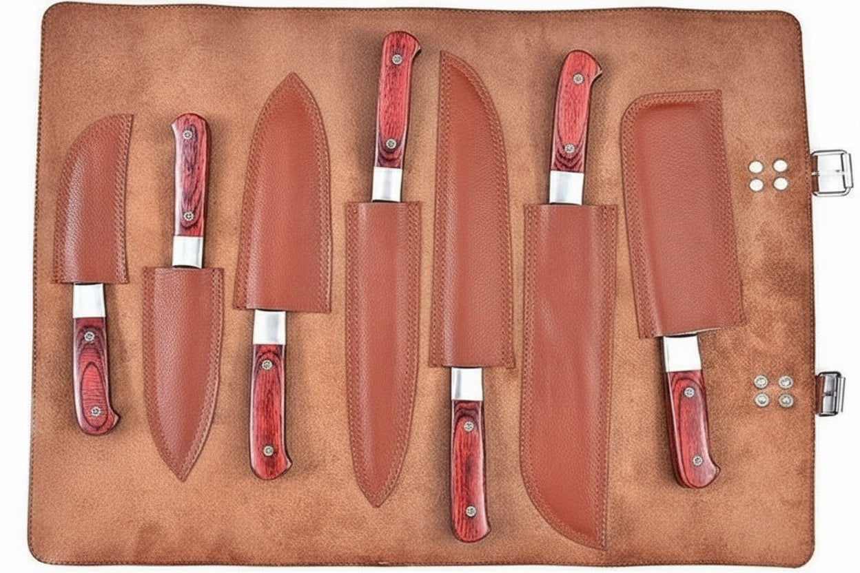 7-Piece Damascus Kitchen Knife Set - Complete Essential Blade Collection with Leather Roll
