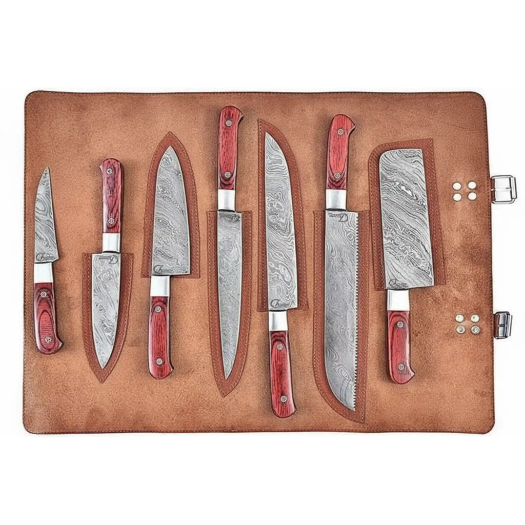 7-Piece Damascus Kitchen Knife Set - Complete Essential Blade Collection with Leather Roll