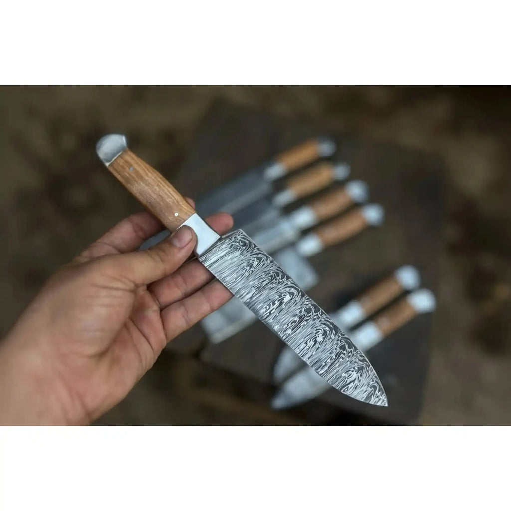 7-Piece Handmade Damascus Chef Knife Set with Wood Handles (Professional Kitchen Set)