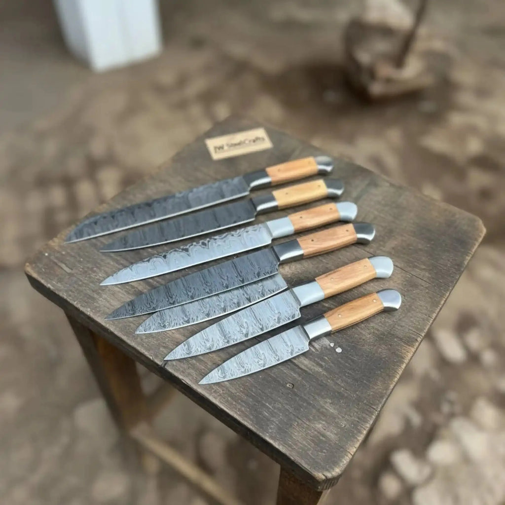 7-Piece Handmade Damascus Chef Knife Set with Wood Handles (Professional Kitchen Set)