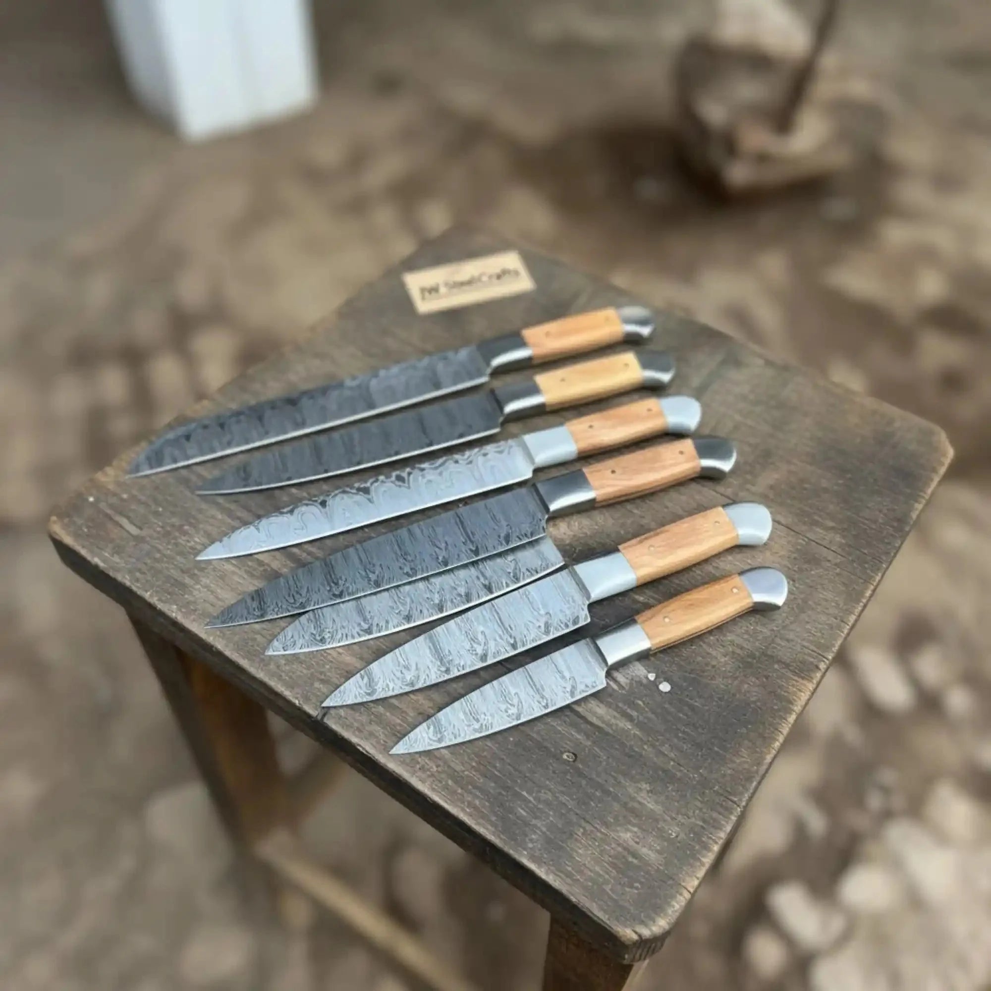 7-Piece Handmade Damascus Chef Knife Set with Wood Handles (Professional Kitchen Set)