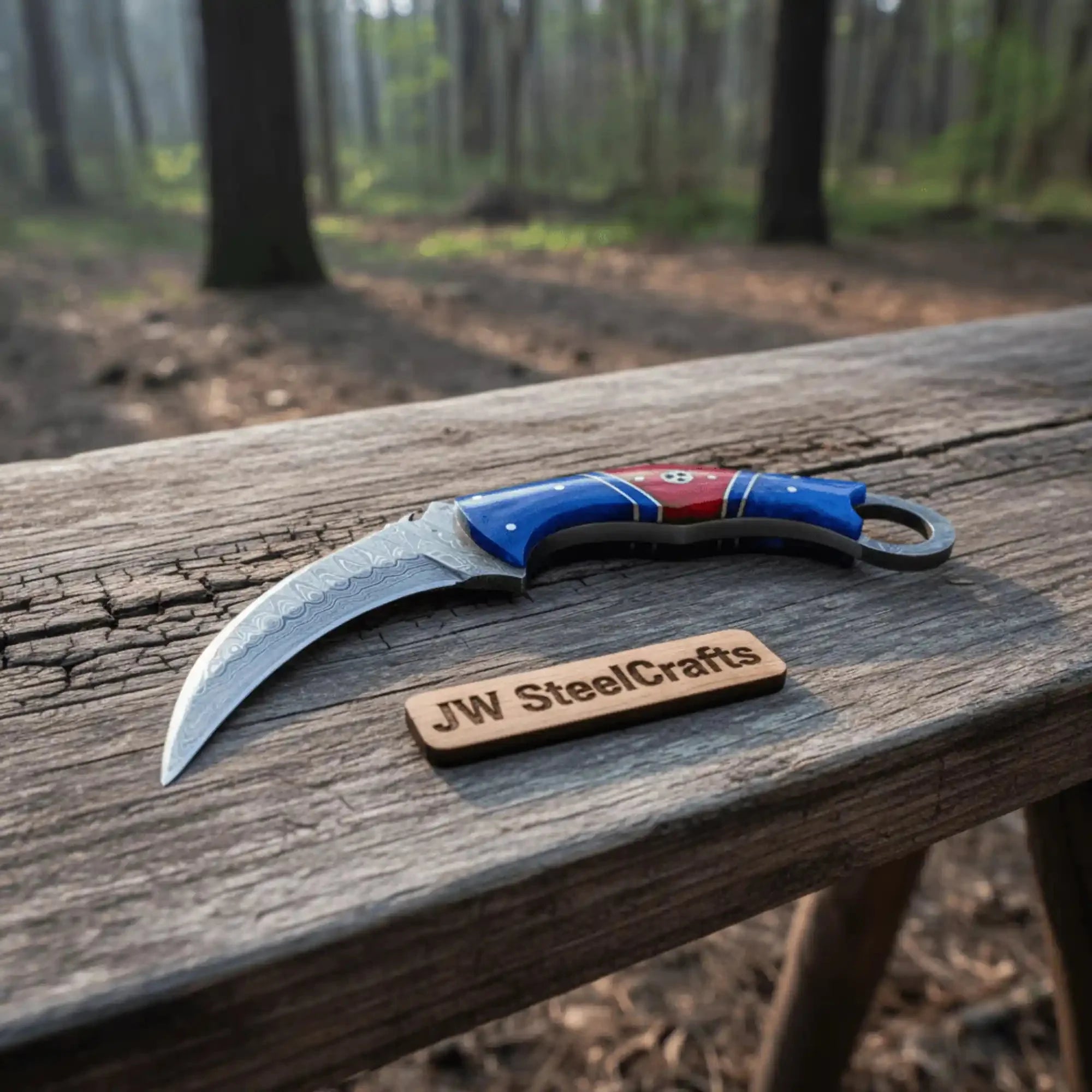 8" Damascus Karambit Knife Blue wood Handle Hunting Knife with Sheath