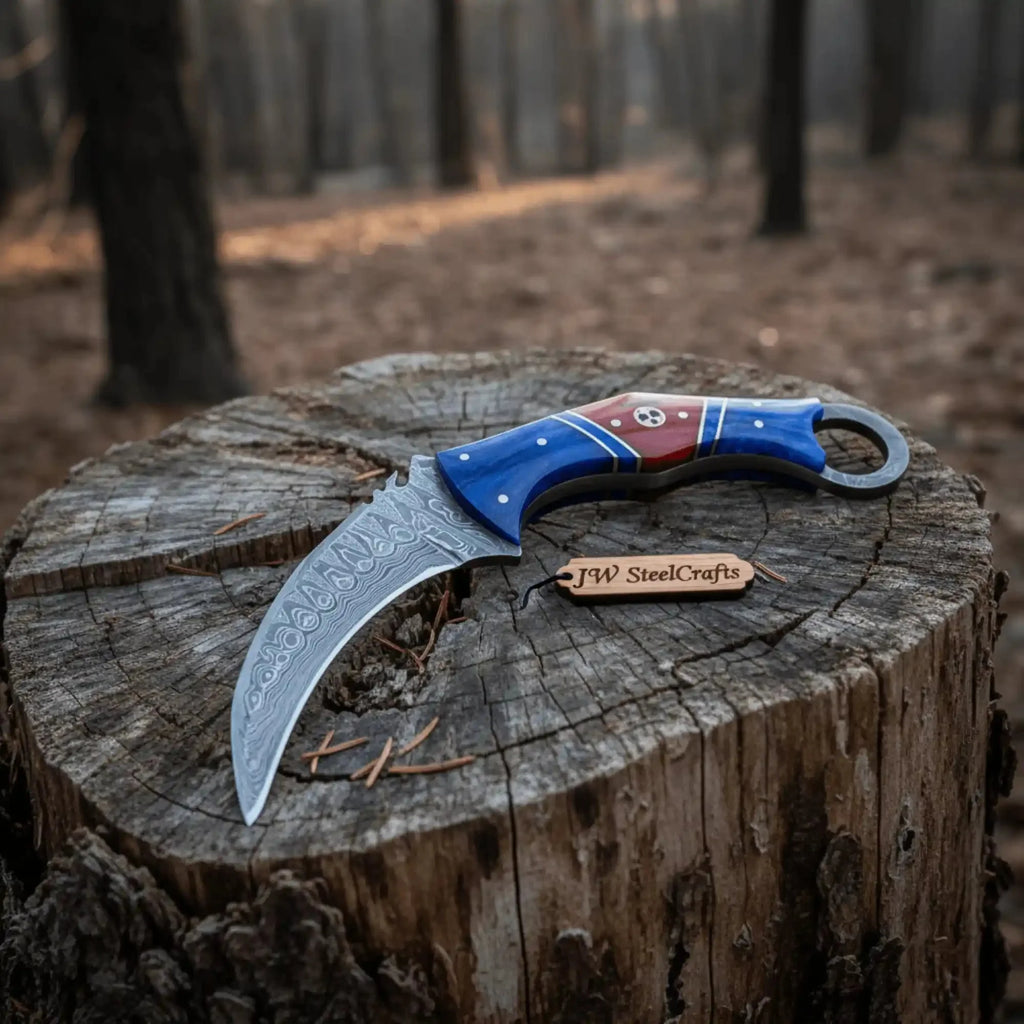 8" Damascus Karambit Knife Blue wood Handle Hunting Knife with Sheath