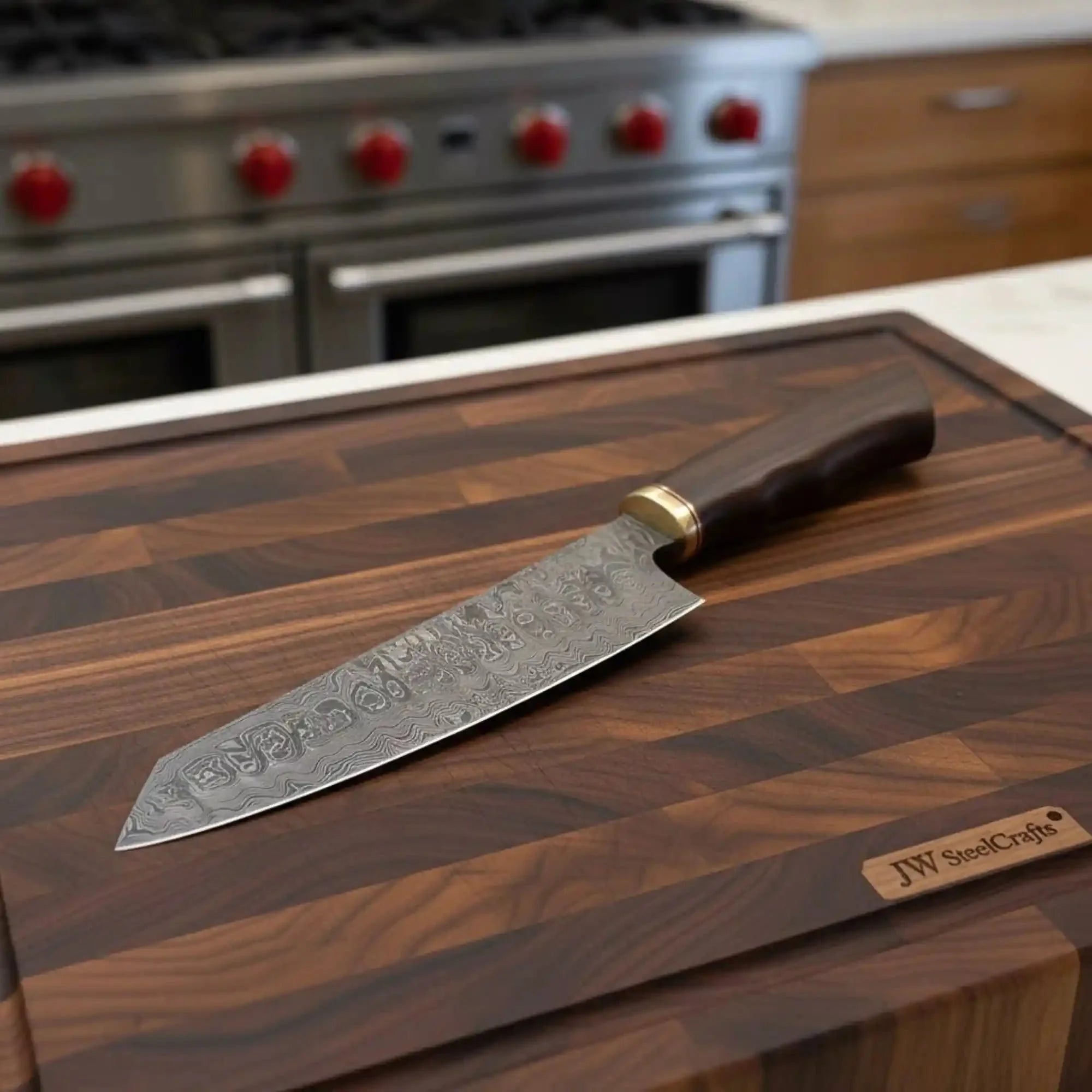 8” Gyuto Chef Knife — Ladder Pattern Damascus, Rosewood Handle & Brass Bolster