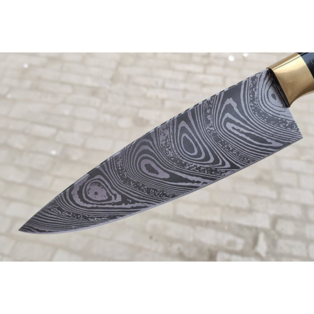 8-Inch Gyuto Chef Knife — Acid-Etched Waisted Stainless Steel Blade with Red Wood Handle — JW SteelCrafts